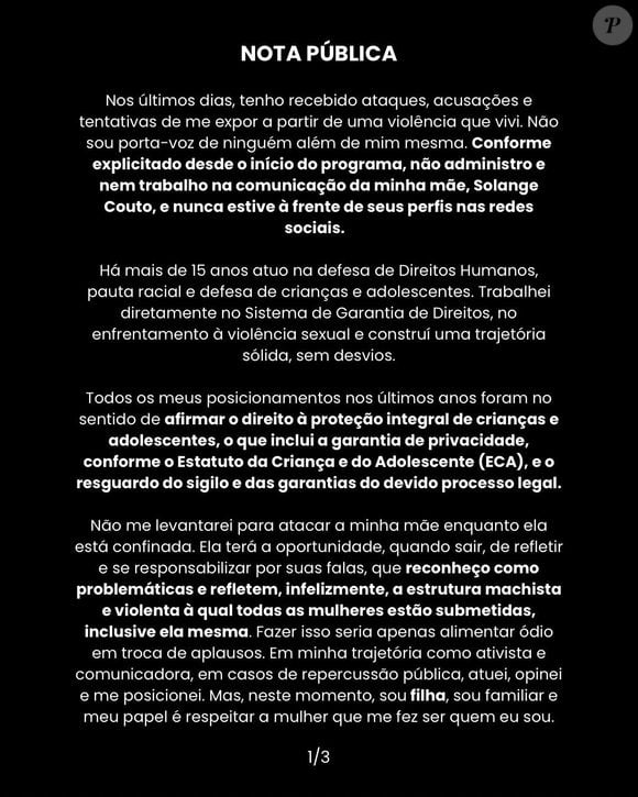 Filha de Solange Couto se pronuncia: leia comunicado na íntegra (parte 1)