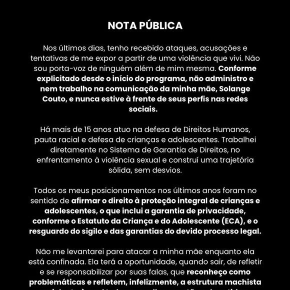 Filha de Solange Couto se pronuncia: leia comunicado na íntegra (parte 1)