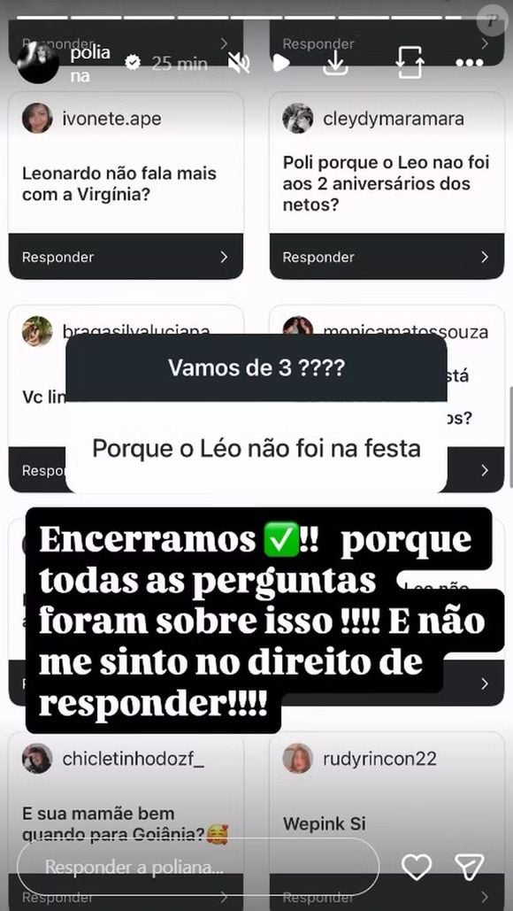 Poliana Rocha foi questionada sobre a ausência de Leonardo na festa do neto José Leonardo, mas preferiu não revelar o motivo pelo qual o cantor não compareceu
