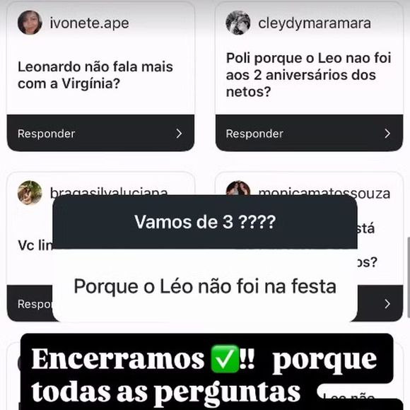 Poliana Rocha foi questionada sobre a ausência de Leonardo na festa do neto José Leonardo, mas preferiu não revelar o motivo pelo qual o cantor não compareceu