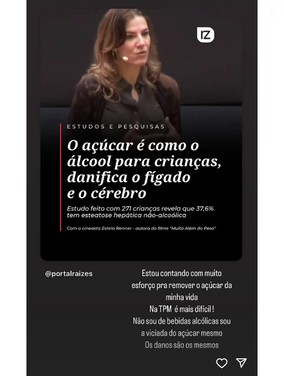 Publicação de Grazi Massafera foi feita com outra que dizia que o açúcar danifica o fígado e o cérebro