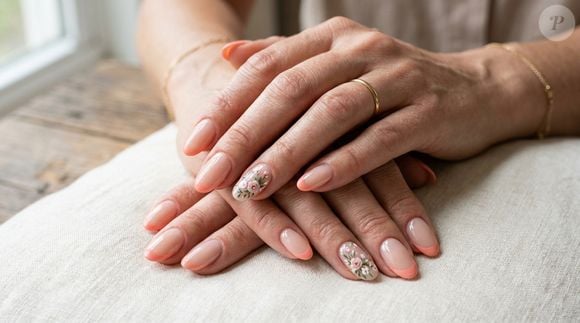 O detalhe floral transforma a tradicional francesinha coral em uma proposta romântica e delicada, sem abandonar a estética sofisticada da manicure