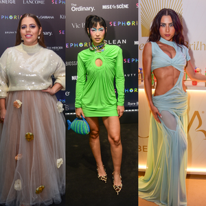 Bolsa de peixe, sapato de pelúcia e abdômen à mostra: Jade Picon, Tati Machado e mais famosas ousam com looks criativos em evento de beleza em SP