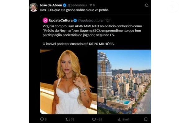 Virgínia Fonseca foi atacada por José de Abreu após compra de apartamento milionário