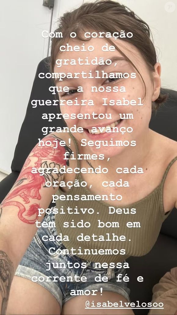 O pai de Isabel Veloso celebrou uma evolução no estado de saúde da filha e agradeceu orações e mensagens de apoio recebidas desde o início da internação