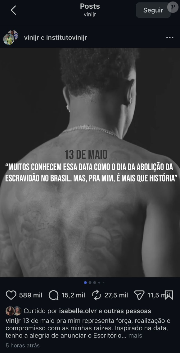 No Instagram, Vini Jr. compartilhou iniciativa jurídica voltada ao combate do racismo no esporte e na educação