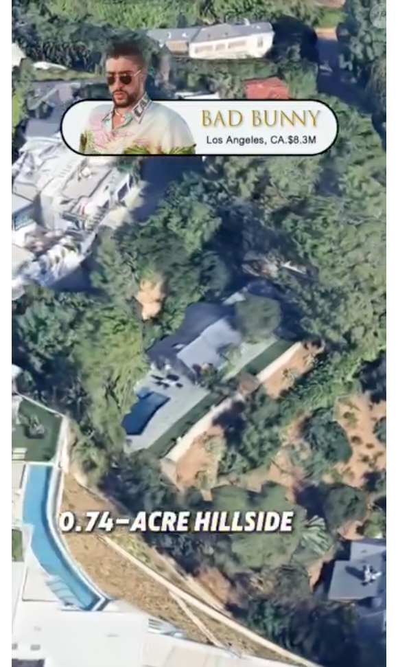 Em 2024, Bad Bunny comprou uma casa de 1946, que antes pertencia à Ariana Grande. O imóvel custou R$ 42,8 milhões e, apesar de modesto, rouba a cena pela piscina geométrica