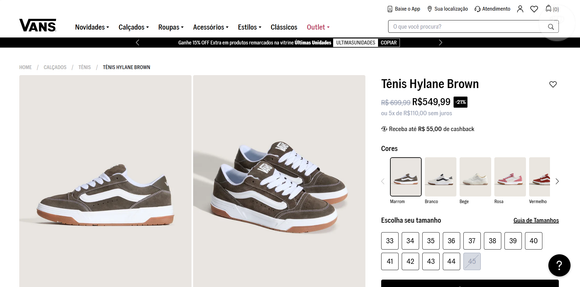 À venda no Brasil por R$ 549,99, o Vans Hylane Brown pode ser parcelado em até 5x de R$ 110,00 sem juros, segundo o site oficial da marca