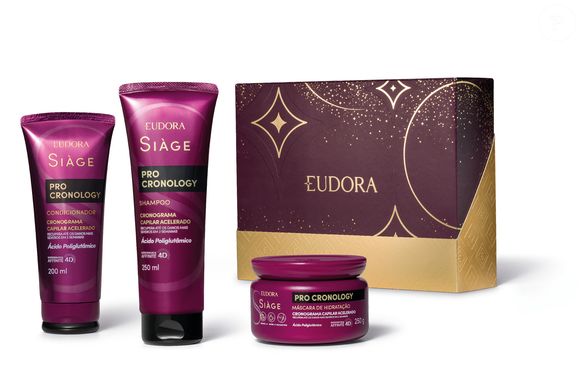 Eudora Siàge Combo Pro Cronology Shampoo 250ml + Condicionador 200ml + Máscara de Hidratação 250g | R$ 167,97 - combo completo que promete restaurar cabelos danificados em até duas semanas, com hidratação, nutrição e reconstrução intensas