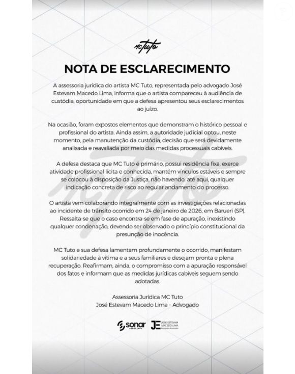 Após MC Tuto atropelar jovem, advogado do funkeiro emitiu nota de esclarecimento, na qual não cita o carro em alta velocidade dirigido pelo famoso