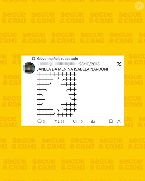 Giovanna Reis ironizou a morte de Isabelle Nardoni em uma postagem antiga do Twitter, atual X, em 2013