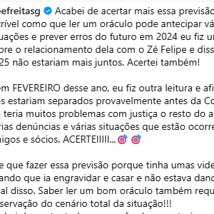 No perfil do Purepeople no Instagram, Alessandra afirma que realizou previsões sobre o casal por conta de outras videntes que garantiam que o romance ia longe