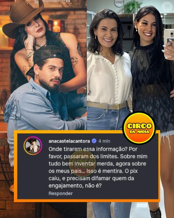 "Onde tiraram essa informação? Por favor, passaram dos limites. Sobre mim tudo bem inventar merd*, agora sobre os meus pais... isso é mentira", esclareceu Ana Castela