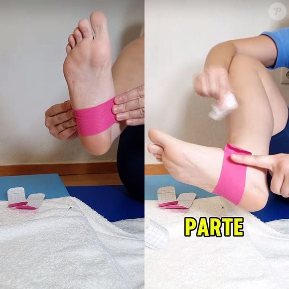 No sexto exercício, você vai contar com o auxílio de uma bandagem, para promover alívio da dor na região da fáscia do seu pé. Coloque ela um pouco acima do calcanhar.