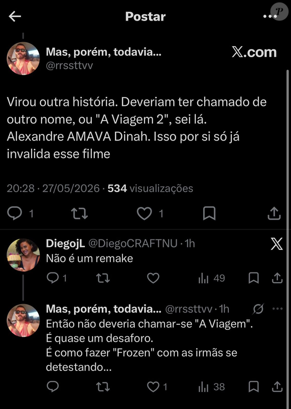 'Alexandre amava Diná. Isso por si só já invalida esse filme': internauta detona mudança no comportamento de personagem em 'A Viagem'