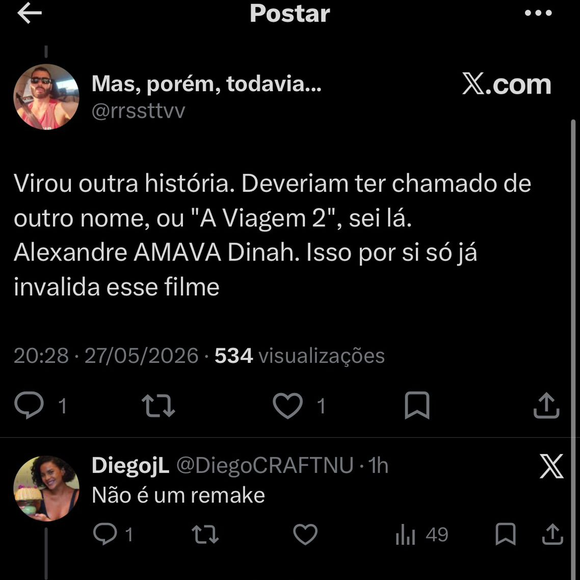 'Alexandre amava Diná. Isso por si só já invalida esse filme': internauta detona mudança no comportamento de personagem em 'A Viagem'