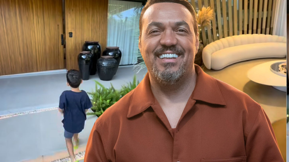 Hoje em 'Três Graças', Belo ostenta mansão MILIONÁRIA e impressiona com sofá curvo gigante, porta com mais de 3 metros de altura e brinquedoteca para o filho de Rayane Figliuzzi