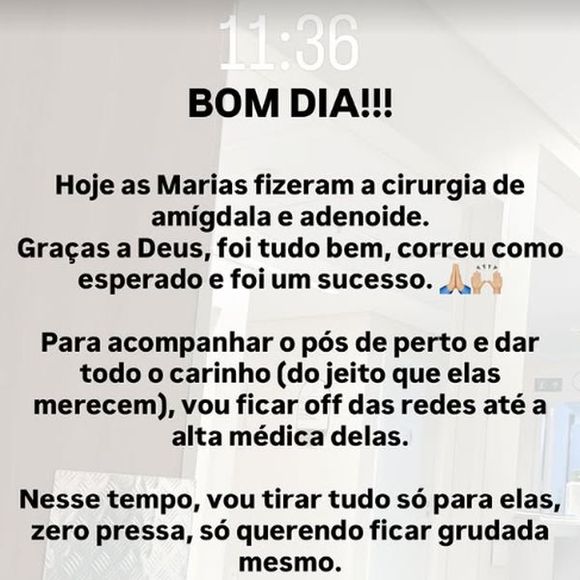 Virgínia Fonseca informou aos seguidores que fará uma pausa nas redes sociais e só retomará as publicações após a alta médica de Maria Alice e Maria Flor, para acompanhar de perto a recuperação das filhas