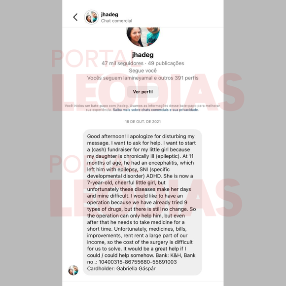 Print de 2021 mostra que Gabrielle entrou em contato com Neymar pela primeira vez sem citar qualquer questão envolvendo paternidade