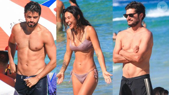 Rodrigo Simas e Bruno Gissoni são irmãos; juntos, ao lado de Yanna Lavigne na praia em 2024