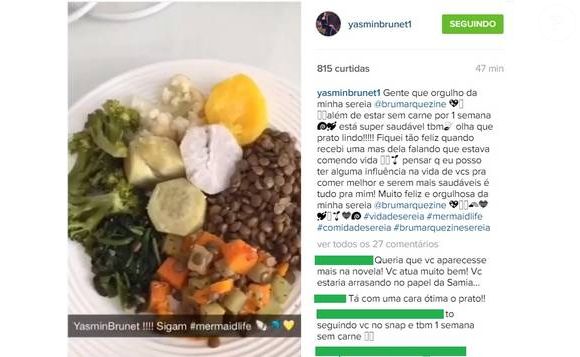Refeição de Bruna Marquezine tinha batata-doce, brócolis, cenoura, couve-flor, batata baroa e lentilha
