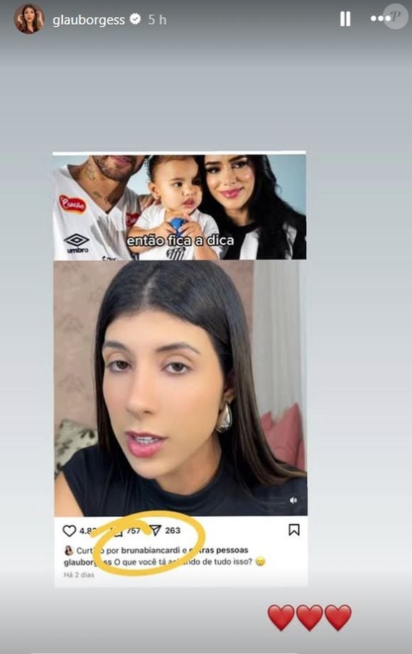 A influencer Glau Borges comemorou a interação de Bruna Biancardi em seu post