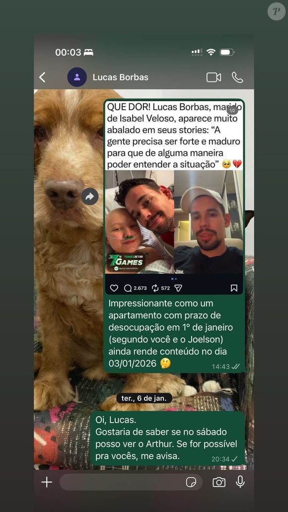Irmã de Isabel Veloso também postou prints de conversas de Lucas Borbas com ela antes da morte da influencer