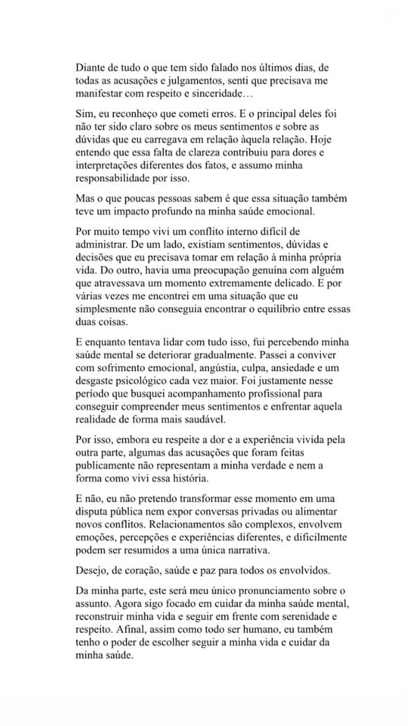 Ex-namorado de Bruna Furlan, Gui Vieira fez longo texto para se defender de acusação de traição da influenciadora