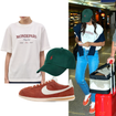 Tênis Nike vermelho, jeans reto e T-shirt da marca de Sasha Meneghel: um raio-x do aerolook de Bruna Marquezine em viagem com Shawn Mendes; teve até 'publi' gratuito para amiga