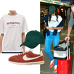 Tênis Nike vermelho, jeans reto e T-shirt da marca de Sasha Meneghel: um raio-x do aerolook de Bruna Marquezine em viagem com Shawn Mendes; teve até 'publi' gratuito para amiga