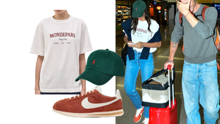 Tênis Nike vermelho, jeans reto e T-shirt da marca de Sasha Meneghel: um raio-x do aerolook de Bruna Marquezine em viagem com Shawn Mendes; teve até 'publi' gratuito para amiga