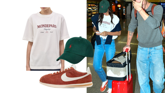 Tênis Nike vermelho, jeans reto e T-shirt da marca de Sasha Meneghel: um raio-x do aerolook de Bruna Marquezine em viagem com Shawn Mendes; teve até 'publi' gratuito para amiga