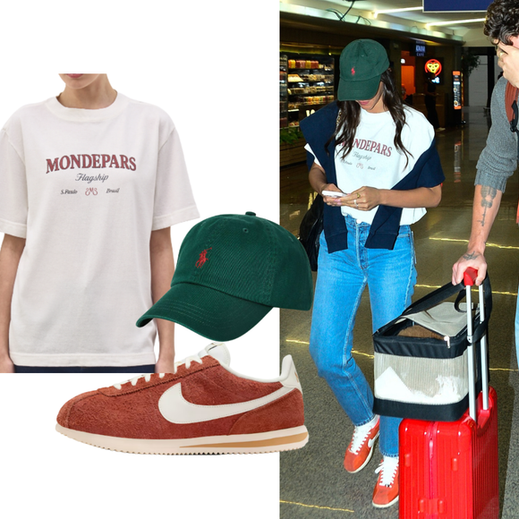 Tênis Nike vermelho, jeans reto e T-shirt da marca de Sasha Meneghel: um raio-x do aerolook de Bruna Marquezine em viagem com Shawn Mendes; teve até 'publi' gratuito para amiga