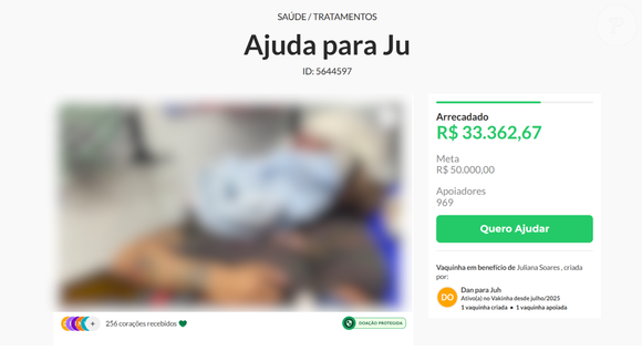 Campanha virtual para ajudar Juliana já arrecadou o equivalente a 22 salários mínimos em menos de 48 horas