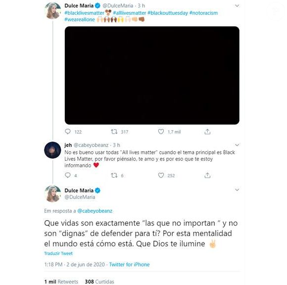 Declaração controversa de Dulce María durante protestos antirracistas viralizou em 2020 e ainda divide opiniões