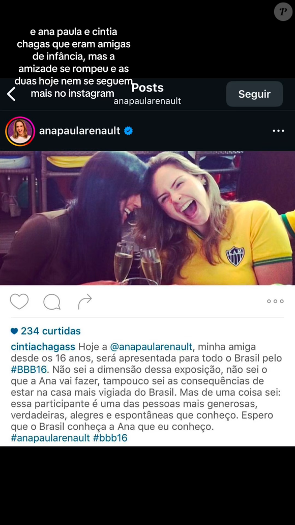 Ana Paula Renault e Cintia Chagas amigas: circula, nas redes sociais, um print que seria do Instagram da professora, com bons votos para a amiga quando ela entrou no ‘BBB 16’