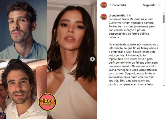 Bruna Marquezine e João Guilherme: é namoro de novo, segundo a página 'Circo da Mídia'