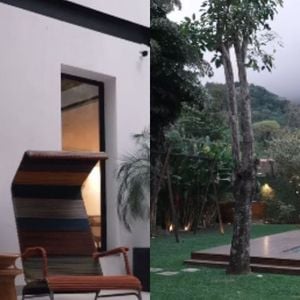 Mais detalhes da área externa da mansão de Romulo Estrela, com cadeira de descanso super diferente