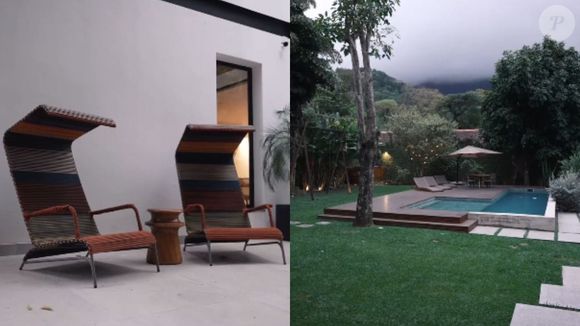 Mais detalhes da área externa da mansão de Romulo Estrela, com cadeira de descanso super diferente