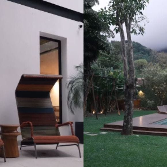 Mais detalhes da área externa da mansão de Romulo Estrela, com cadeira de descanso super diferente