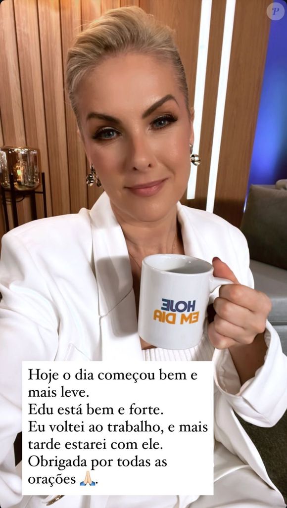 Por meio dos stories no Instagram, Ana Hickmann comentou sobre o estado de saúde do apresentador: 'Edu está bem e forte. Eu voltei ao trabalho, e mais tarde estarei com ele. Obrigada por todas as orações'