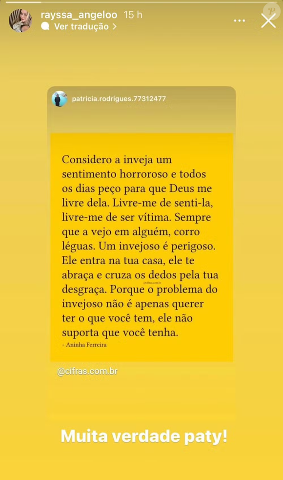 Rayssa Ângelo compartilhou um post que fala sobre inveja: ‘Considero a inveja um sentimento horroroso e todos os dias peço para que Deus me livre dela’