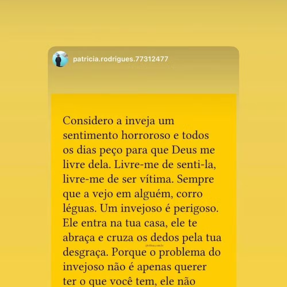 Rayssa Ângelo compartilhou um post que fala sobre inveja: ‘Considero a inveja um sentimento horroroso e todos os dias peço para que Deus me livre dela’