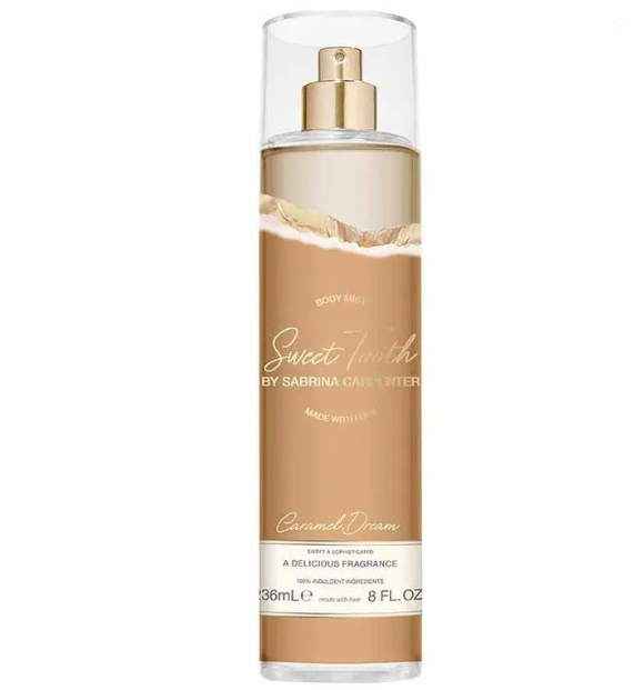 Body Splash Sweet Tooth Caramel Dream, da cantora Sabrina Carpenter, evoca toda a cremosidade e potência das notas carameladas, logo nas primeiras borrifadas.