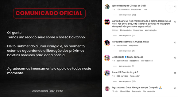 Equipe de Davi Brito publicou uma nota na rede social agradecendo ao apoio dos fãs, mas um detalhe roubou a cena
