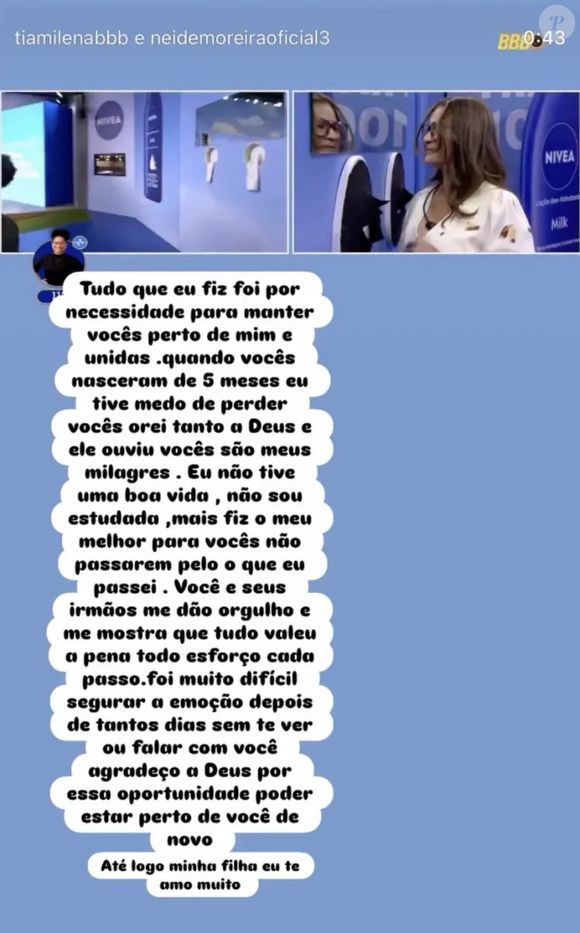 "Tudo o que eu fiz foi por necessidade para manter vocês por perto de mim e unidas", disse a mãe de Milena em um trecho do desabafo