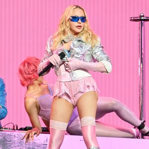 NEW YORK, NEW YORK - JUNE 04: Madonna is seen performing a surprise concert in Times Square on June 04, 2026 in New York City. (Photo by James Devaney/GC Images)