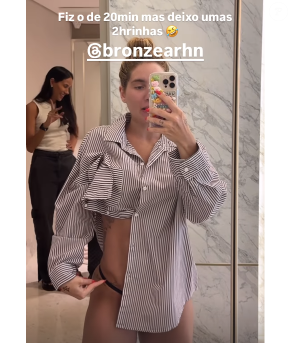 "Eleva a autoestima amor, porque ela desenha. Isso aqui tá tudo desenhado", contou Virgínia Fonseca ao mostrar seu corpo