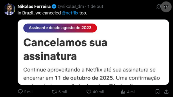 Deputado Nikolas Ferreira cancela assinatura da Netflix em protesto: 'No Brasil, também cancelamos a Netflix'
