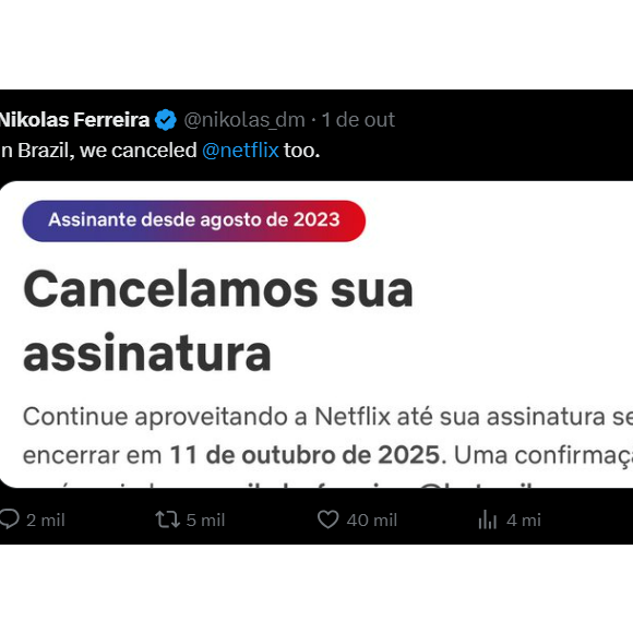 Deputado Nikolas Ferreira cancela assinatura da Netflix em protesto: 'No Brasil, também cancelamos a Netflix'